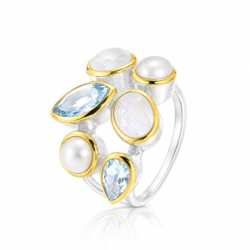 Regenboog Maansteen met Blauwe Topaas en Parel Ring model R5-034