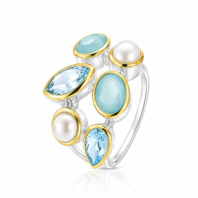 Chalcedoon aqua met Blauwe Topaas en Parel Ring model R5-034