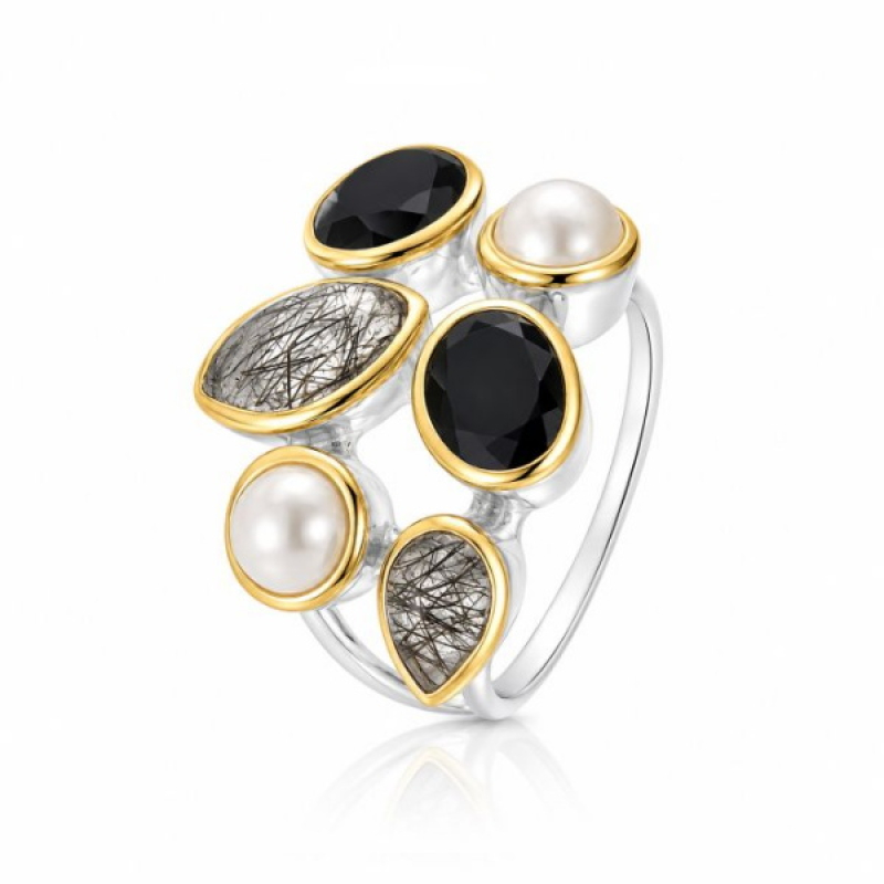 Onyx met Toermalijn Quartz en Parel Ring model R5-034